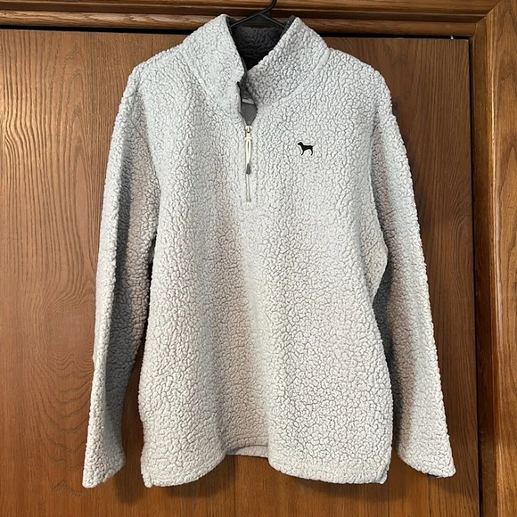 PINK Quarter Zip Sherpa Pullover Sweatshirt Light Gray - Picture 2 of 4